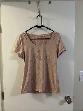 Guess Pink Blush Crystal Logo Scoop Neck Tee